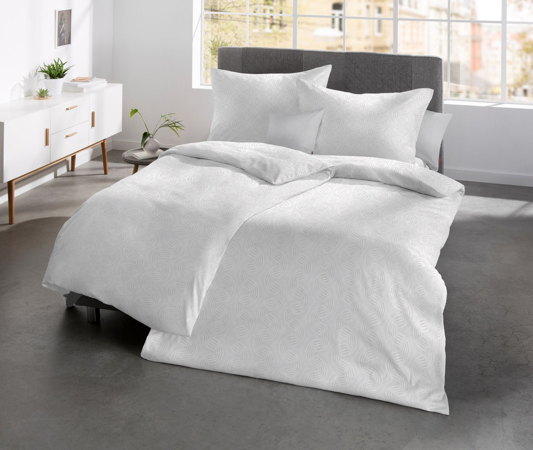 Fleuresse Jacquard Bettwäsche Set Weiß mit Wellen-Schlangen-Muster, B/H: 135 x 200 cm und 80 x 80 cm - Bild 1