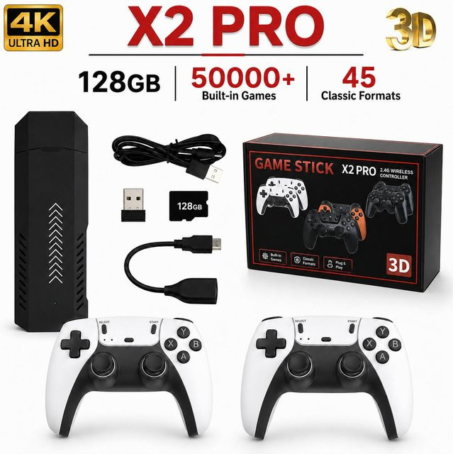 X2 Pro Game Stick mit 44/45 Emulatoren und über 50.000 Retro-Spielen, Schwarz, inklusive kabelloser Controller für 2/4 Spieler - Bild 1