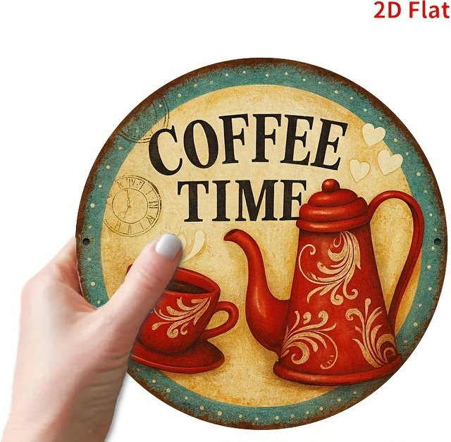 Potdemiel Vintage Coffee Time Metallschild, runde Aluminium-Wanddekoration im rustikalen Design, Durchmesser: 20,32 cm, Mehrfarbig - Bild 1