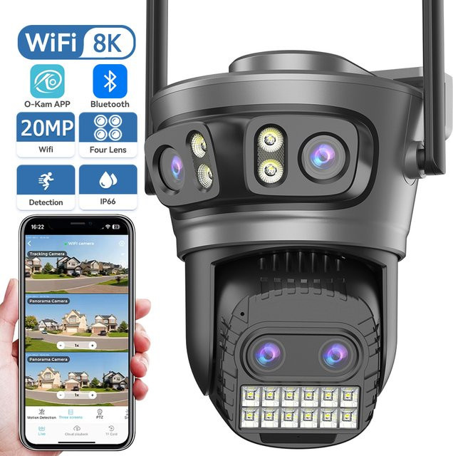 HAMROLTE PTZ WLAN IP-Kamera mit 20MP 8K Auflösung, Dual-Linsen und Drei-Bildschirm-Anzeige, 10X Zoom, Auto-Tracking und 5G WLAN Unterstützung, Schwarz - Bild 1