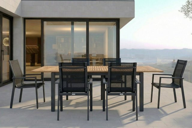 OUTFLEXX Garten-Essgruppe aus Aluminium, Teakholz und Textilene in Anthrazit Matt mit Ausziehtisch und 6 Stapelsesseln, Tisch B: 90 cm, H: 74,5 cm, T: 150 bis 210 cm - Bild 1
