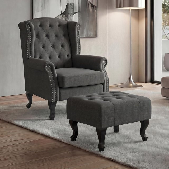 MCW Chesterfield Oxford Relaxsessel mit Ottomane in Dunkelgrau mit Rautenmuster und Holzgestell - Bild 2
