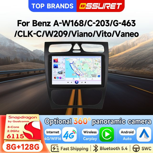 OSSURET Octa Core 6115 Doppel-DIN Autoradio für Mercedes-Benz W168 W203 Viano W463 Vito Vaneo mit Android 14, Wireless Carplay, Android Auto, GPS-Navigation und 4G WiFi in Schwarz - Bild 1