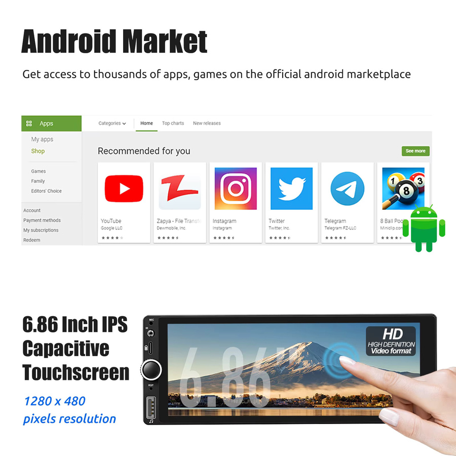 ESSGOO 1Din Autoradio mit Android 14, 6,86 Zoll IPS Display, Carplay, Android Auto, 4 GB RAM, MP5 Player und Bluetooth in Schwarz - Bild 2