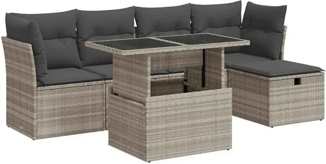 vidaXL 6-teilige Garten-Sofagarnitur aus Polyrattan in Grau mit Kissen und Couchtisch - Bild 1