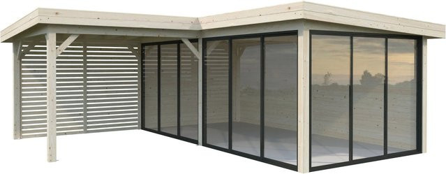 Palmako Pavillon Lenna Set 414 Slide aus Fichtenholz in Braun mit transparenten ESG-Glas-Alu-Schiebetüren und Flachdach B/H/T: 588 x 245 x 588 cm - Bild 1