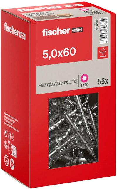 Fischer Terrassenschraube A2 Edelstahl Senkkopf Torx Teilgewinde, Farbe: Silber, Durchmesser: 5 mm, Länge: 60 mm, 55 Stück - Bild 1