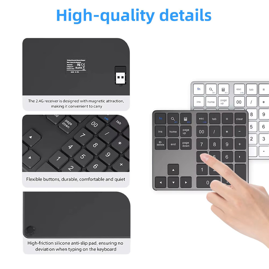 Qukam K35 Digitale Numerische Tastatur mit Dual Bluetooth und 2,4 GHz Funk, Wiederaufladbares Numpad in Schwarz für iOS, Android und Windows - Bild 3