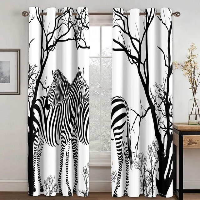 Zweierpack Zebra-Muster Vorhänge mit 3D-Digitaldruck in Schwarz-Weiß und Blau, semi-transparentes Kurzfenster-Set aus Polyester, Breite: 75 cm, Höhe: 166 cm - Bild 1