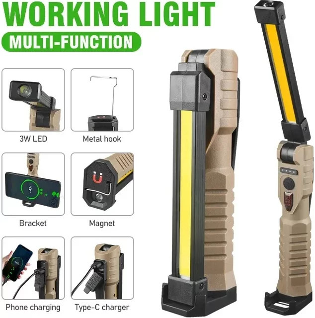 XIWANGFIRE Tragbare faltbare LED-Taschenlampe in Schwarz mit starkem Magnet, COB-Arbeitslicht und USB-Wiederaufladung als Notfall-Flutlicht und Outdoor-Camping-Laterne - Bild 1