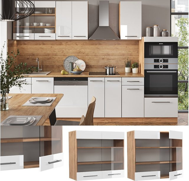 Vicco Hängeglasschrank Fame-Line Küchenschrank in Weiß und Eiche mit Hochglanz-Finish und Softclose-Funktion, Breite: 80 cm - Bild 1