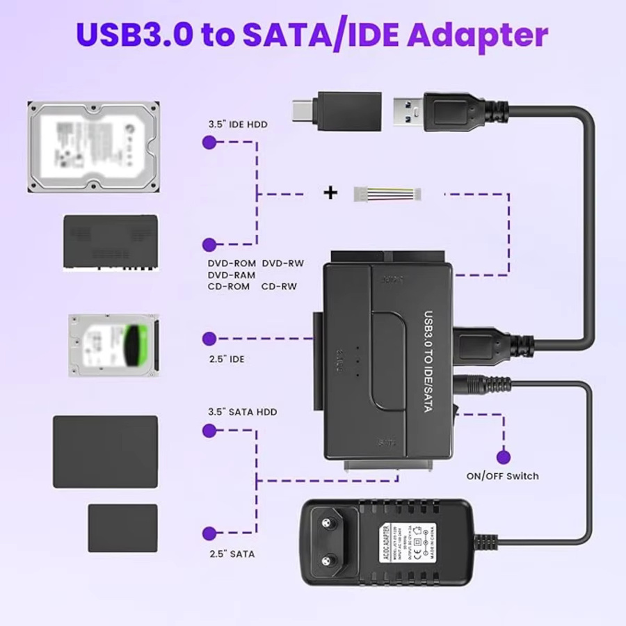 Congdi USB 3.0 zu IDE und SATA Adapter, Universeller Konverter für 2,5 und 3,5 Zoll HDD SSD, Schwarz - Bild 2