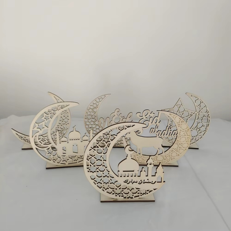 2er-Set Eid Mubarak Holzornamente mit Mond und Tempel als orientalische Tischdekoration für Ramadan Kareem und islamische Feierlichkeiten - Bild 3