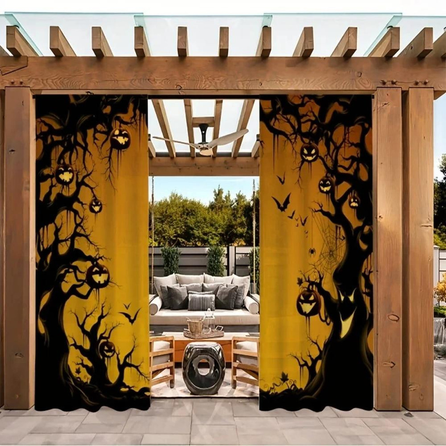 Yiran Furniture Halloween Vorhänge mit Kürbis- und Magischer Wald Motiv, Verdunkelungsvorhänge aus Polyester in Schwarz und Orange, B: 55 cm, H: 120 cm - Bild 1