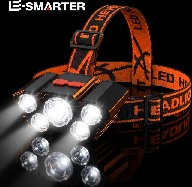 ESMARTER 5-LED-Stirnlampe in Schwarz, wiederaufladbare LED-Taschenlampe mit coolweißem Licht für Camping, Angeln und Radfahren - Bild 1