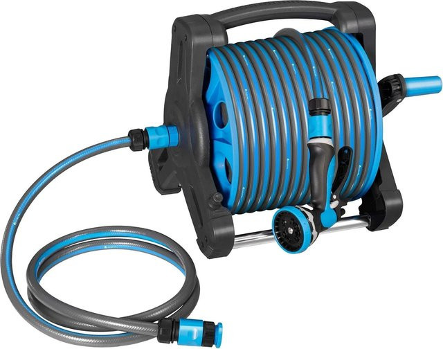 Juskys Schlauchtrommel Basic mobile mit 30 m Wasserschlauch und Multifunktionsbrause in Blau Grau - Bild 2