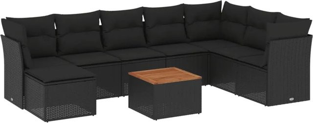 vidaXL 9-tlg Garten-Sofagarnitur in L-Form aus schwarzem Poly-Rattan mit Kissen und pulverbeschichtetem Stahlgestell - Bild 1
