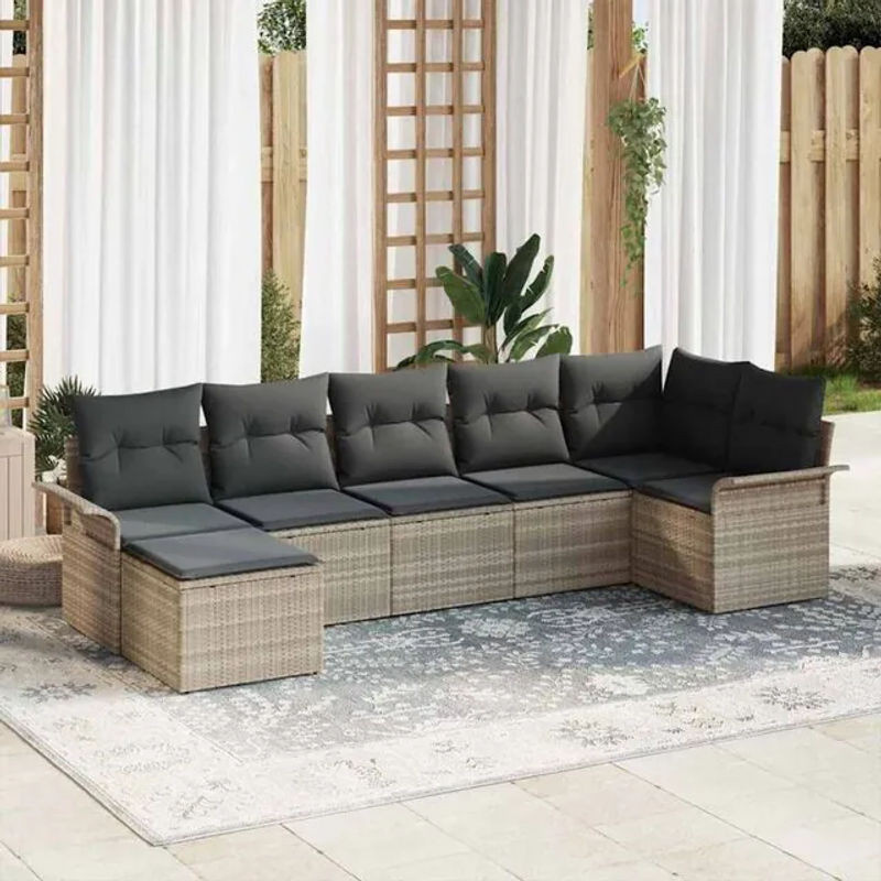 7-teiliges Garten-Sofa-Set aus Poly-Rattan mit Kissen in Hellgrau von vidaxl - Bild 1