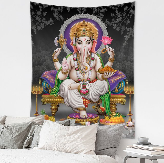 Schwarzer Wandteppich mit Lotus-Elefant im Boho-Stil, abstrakte Tier- und Blumenkunst als Wandbehang für dein Wohnzimmer - Bild 1