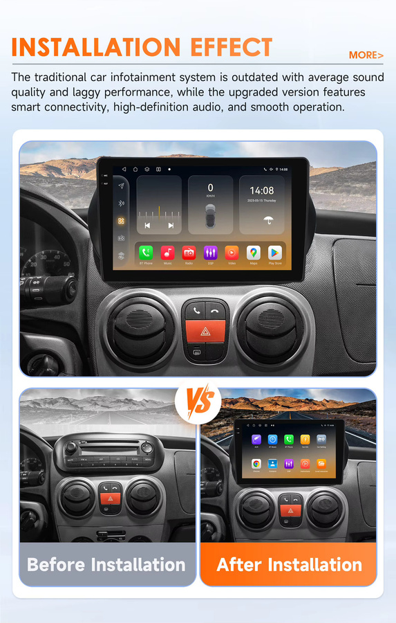 Hizpo Android 14 Autoradio mit GPS und 4G für Fiat Fiorino Qubo, Citroen Nemo und Peugeot Bipper (2008-2017), 2Din Multimedia-System mit Carplay, Schwarz - Bild 2