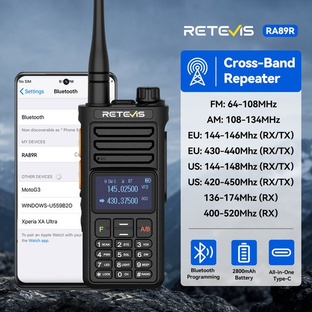 Retevis RA89R/G Walkie-Talkie Amateurfunkgerät mit Cross-Band-Funktion, Bluetooth-App-Programmierung und 2800 mAh Akku in Schwarz - Bild 1