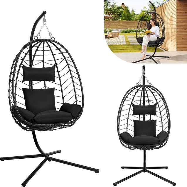 EUGAD Hängesessel Schaukelstuhl mit Metallständer und Sitzkissen, grau/schwarz, 360 Grad drehbar, für Garten, Balkon und Terrasse - Bild 1