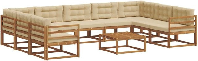 vidaXL 10-tlg. Outdoor-Sofagarnitur in L-Form aus Akazienholz mit Kissen, Natur und Beige - Bild 1