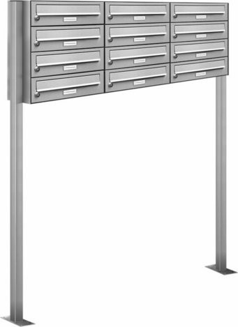 AL Briefkasten für 12 Parteien, freistehendes Briefkasten-System aus Edelstahl, silberfarben, B/H/T: 122,9 x 150 x 27,5 cm - Bild 1