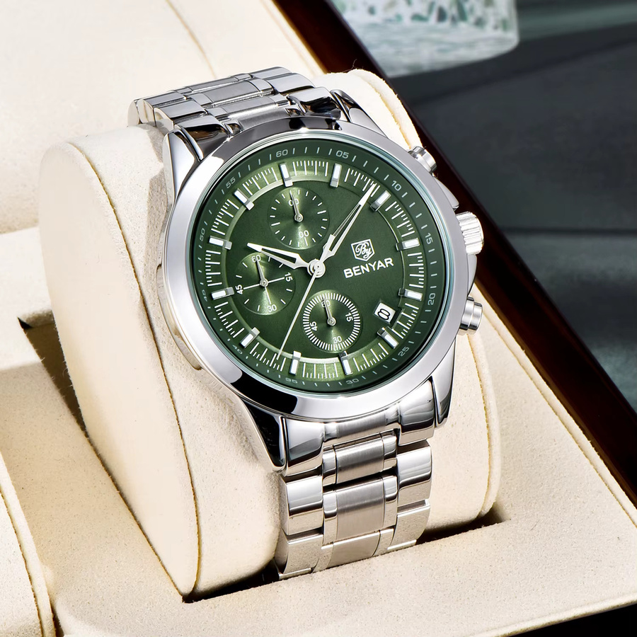 BENYAR Chronograph, Armbanduhr Quarz, Edelstahl, Herren, Grün, Schwarz - Bild 3