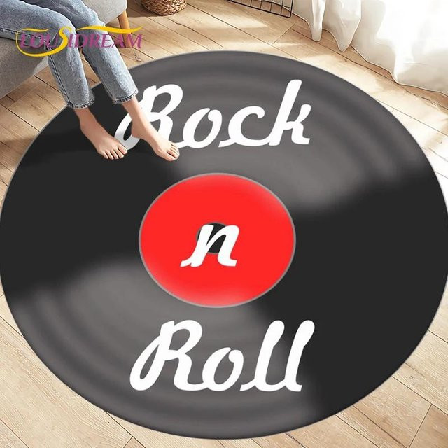 Runder Vinyl-Schallplatten-Teppich von Karpetti im Musikdesign, rutschfest und waschbar, Mehrfarbig, Durchmesser: 90 cm - Bild 1