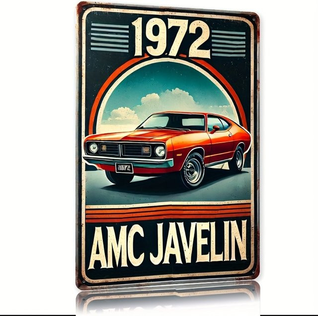 Vintage AMC Javelin Oldtimer Metall-Wandkunstschild in Orange und Schwarz aus Eisen, Wanddeko für deine Garage, Höhe: 20,0 cm, Breite: 14,0 cm, Tiefe: 1,0 cm - Bild 1