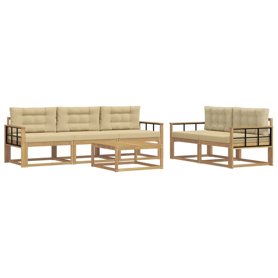 vidaXL Outdoor-Sofagarnitur L-Form aus Akazienholz mit 6 Teilen, Set bestehend aus 3-Sitzer-Sofa und Couchtisch, Weiß und Beige - Bild 2