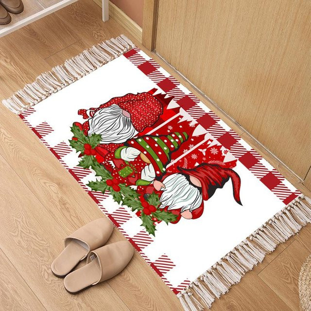 Handgewebter Weihnachtsteppich mit Weihnachtszwerg-Motiv aus Polyester und Baumwolle, Farbe: Weiß, B/T: 80 x 50 cm - Bild 1