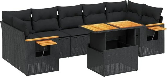 vidaXL 8-tlg Garten-Sofagarnitur in L-Form aus Polyrattan und Akazienholz mit Kissen, Schwarz - Bild 1
