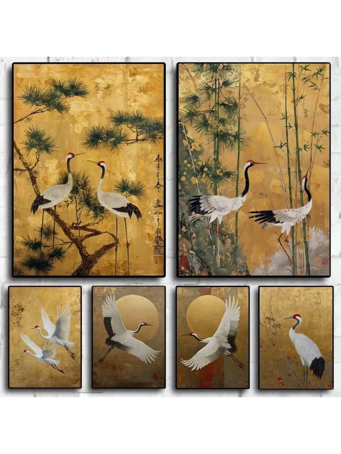 Potdemiel Leinwandgemälde mit fliegenden Kranich-Vögeln in Gold und Weiß, asiatische Wandkunst im Portraitformat - Bild 3