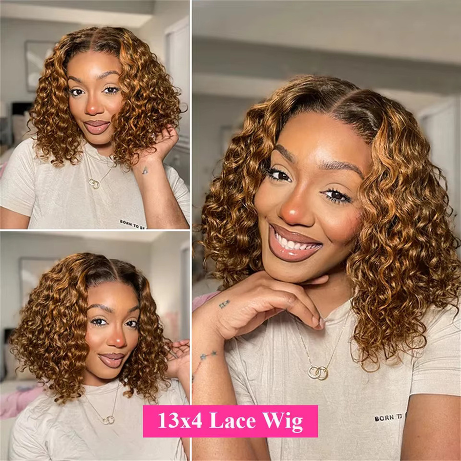 Doralia Bob Perücke, Deep Curly Highlight 4/27, 16 Zoll, 100 % Echthaar, HD Lace Frontal - Bild 3