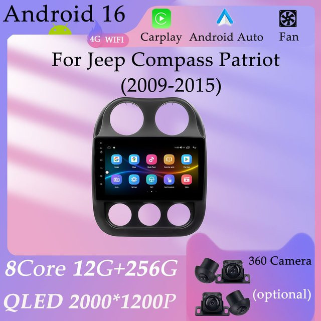 Drahtloses Android 16 Multimedia-Autoradio mit CarPlay, GPS, WIFI und DSP Stereo für Jeep Compass und Patriot 2009-2015, Schwarz - Bild 1
