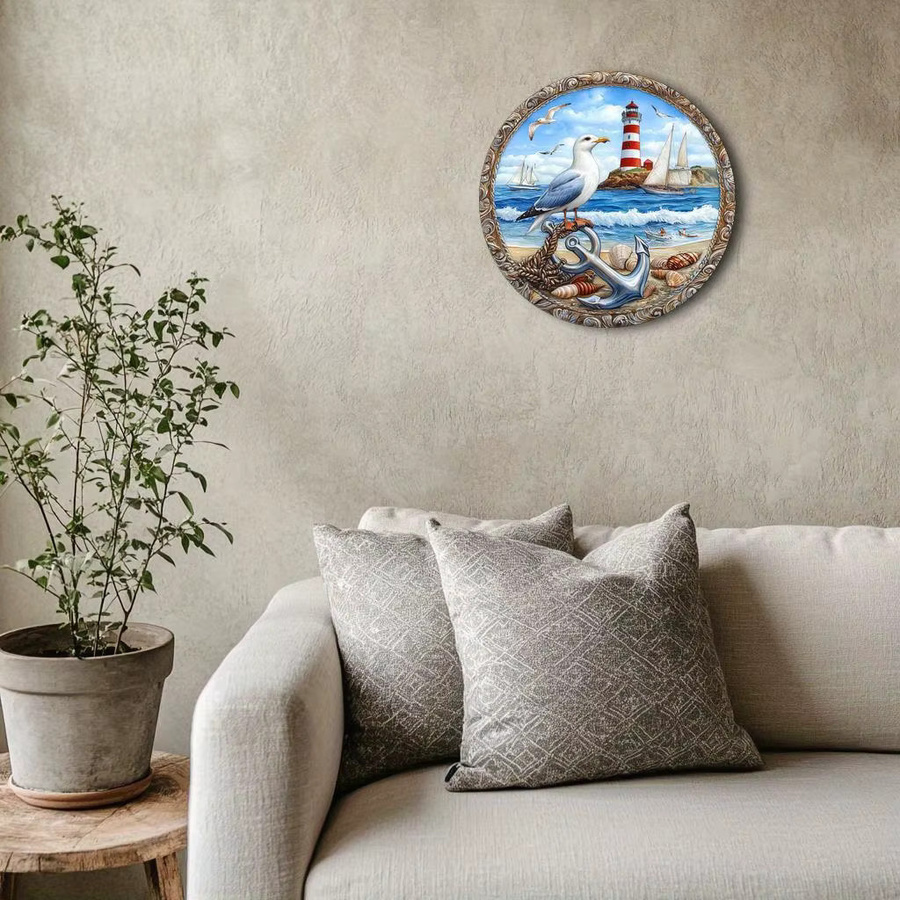 Potdemiel Rundes Metall-Wanddekorschild Lighthouse im Maritimen Vintage-Stil, Durchmesser: 20,32 cm, Mehrfarbig - Bild 3