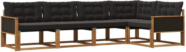 vidaXL Outdoor-Sofagarnitur L-Form aus massivem Akazienholz mit Textilene und 5 Kissen in Schwarz und Natur - Bild 1