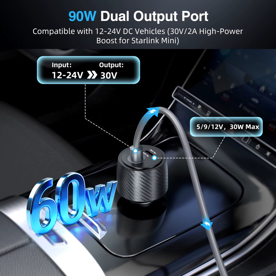FONKEN 2-in-1 Starlink Mini Auto-Adapter Schnellladegerät Schwarz, 12V zu 24V DC Aufwärtswandler mit 60W DC und 27W PD über Zigarettenanzünder - Bild 6
