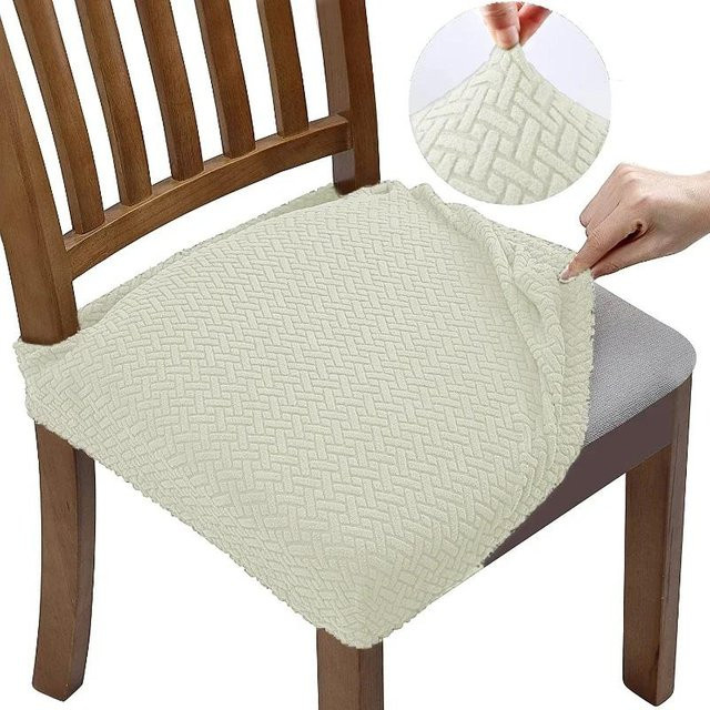 4er-Set Jacquard Stuhlhussen in Beige, elastische und schmutzabweisende Sitzbezüge für Esszimmerstühle - Bild 1