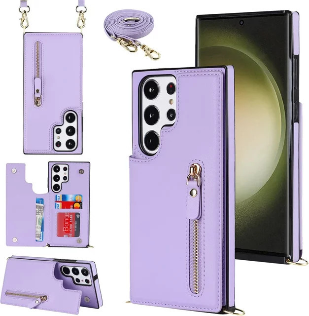 Leder Umhängetasche mit Reißverschluss und Kartenhalter als Handyhülle für Samsung Galaxy S25 S24 S23 S22 Plus S21FE Note 20 Ultra in Braun und Lila - Bild 1