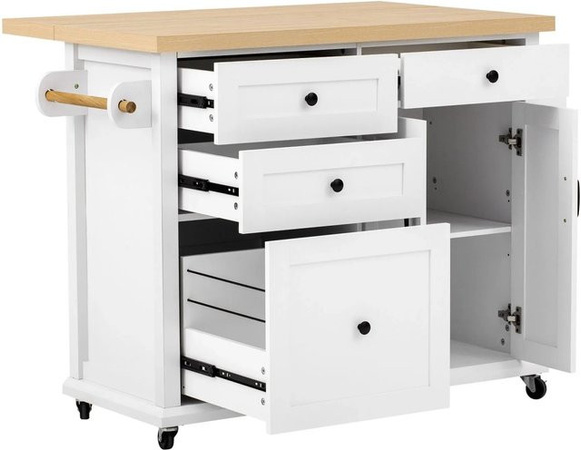okwish Kücheninsel mit Rollen und Ausziehtisch in Weiß, Multifunktions-Küchenwagen mit Schubladen im skandinavischen Design, B: 107 cm, T: 45 cm, H: 70-90 cm