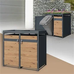 Mülltonnenbox mit Pflanzdach aus Stahl in Eichenoptik für 2 Mülltonnen bis 240L, B/T/H: 132 x 80 x 124 cm, ML-Design - Bild 1