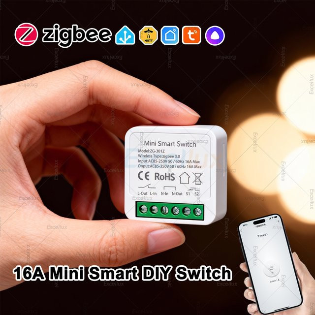 Excellux Zigbee 16A Smart Lichtschalter DIY Schaltermodul Mini Breaker in Weiß mit 2-Wege-Steuerung für Tuya Smart Life und Zigbee2mqtt - Bild 1