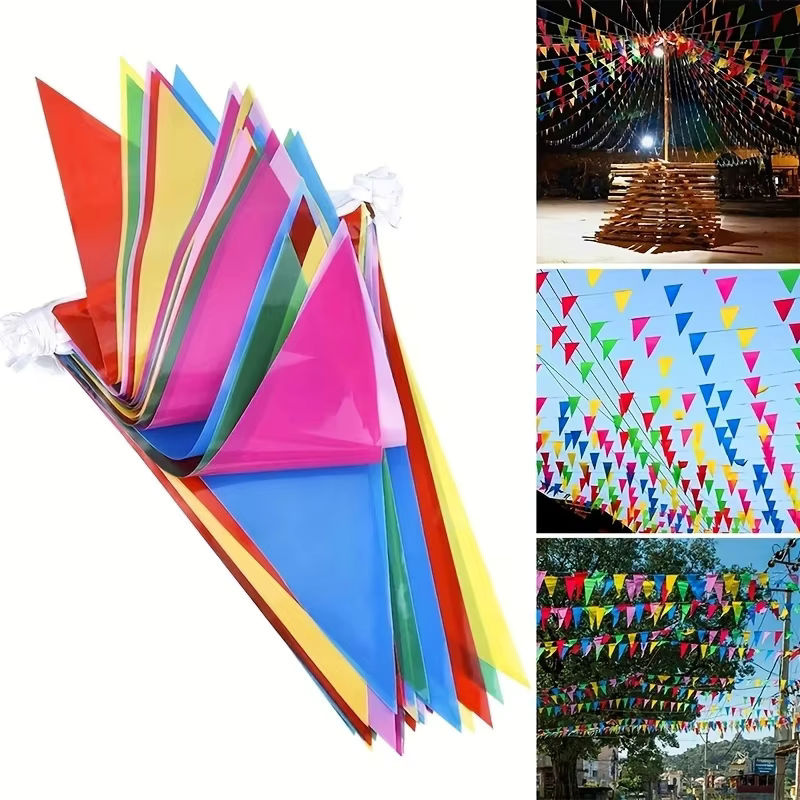 100 Stück bunte Wimpelkette aus Textil mit geometrischem Muster für Geburtstag, Hochzeit und Weihnachten, mehrfarbig hängend - Bild 4