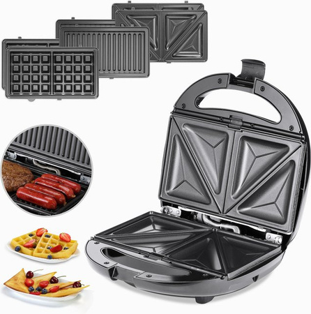 Monzana 3in1 Sandwichmaker in Schwarz und Silber mit 800W, B/T/H: 23 x 22 x 10 cm