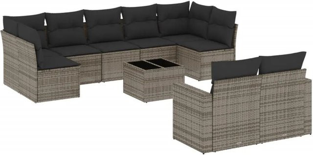 vidaXL 10-tlg. Garten-Sofagarnitur in L-Form aus Polyrattan und pulverbeschichtetem Stahl mit grauen Kissen - Bild 1