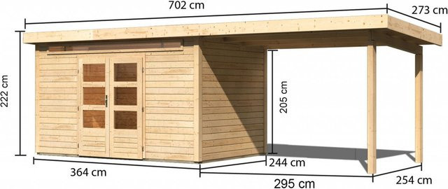 Gartenhaus Holz KANDERN 7 Flachdachhaus naturbelassen mit Anbaudach B/T: 364 x 244 cm - Bild 1