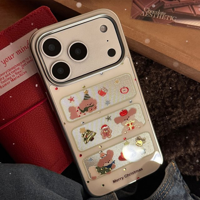 MUQGEW Handyhülle für iPhone 17 16 15 14 13 12 Pro Max mit Cartoon-Welpe im koreanischen Weihnachtsstil, silberne Randbeschichtung, stoßfeste Hartschale, Multicolor - Bild 1